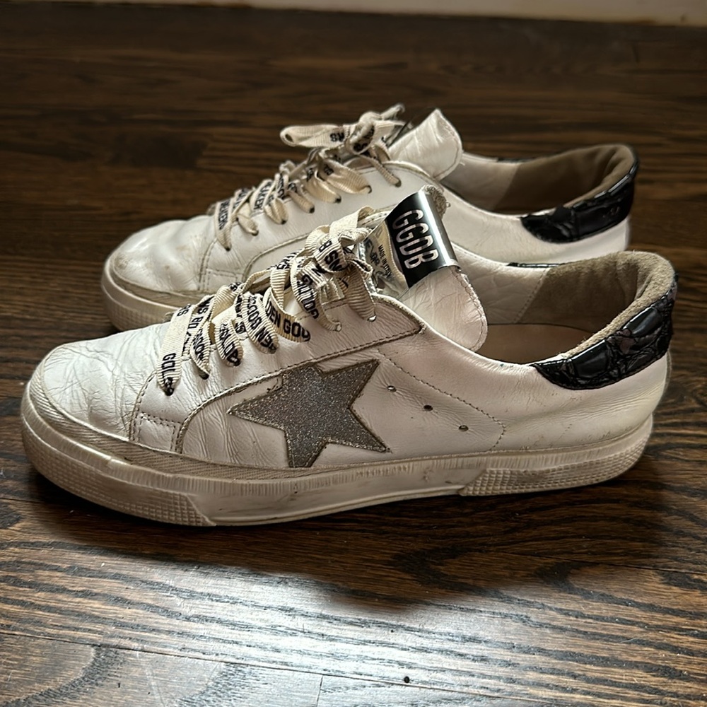 Preloved Golden Goose May Silver Star White Distressed Sneakers Size 37